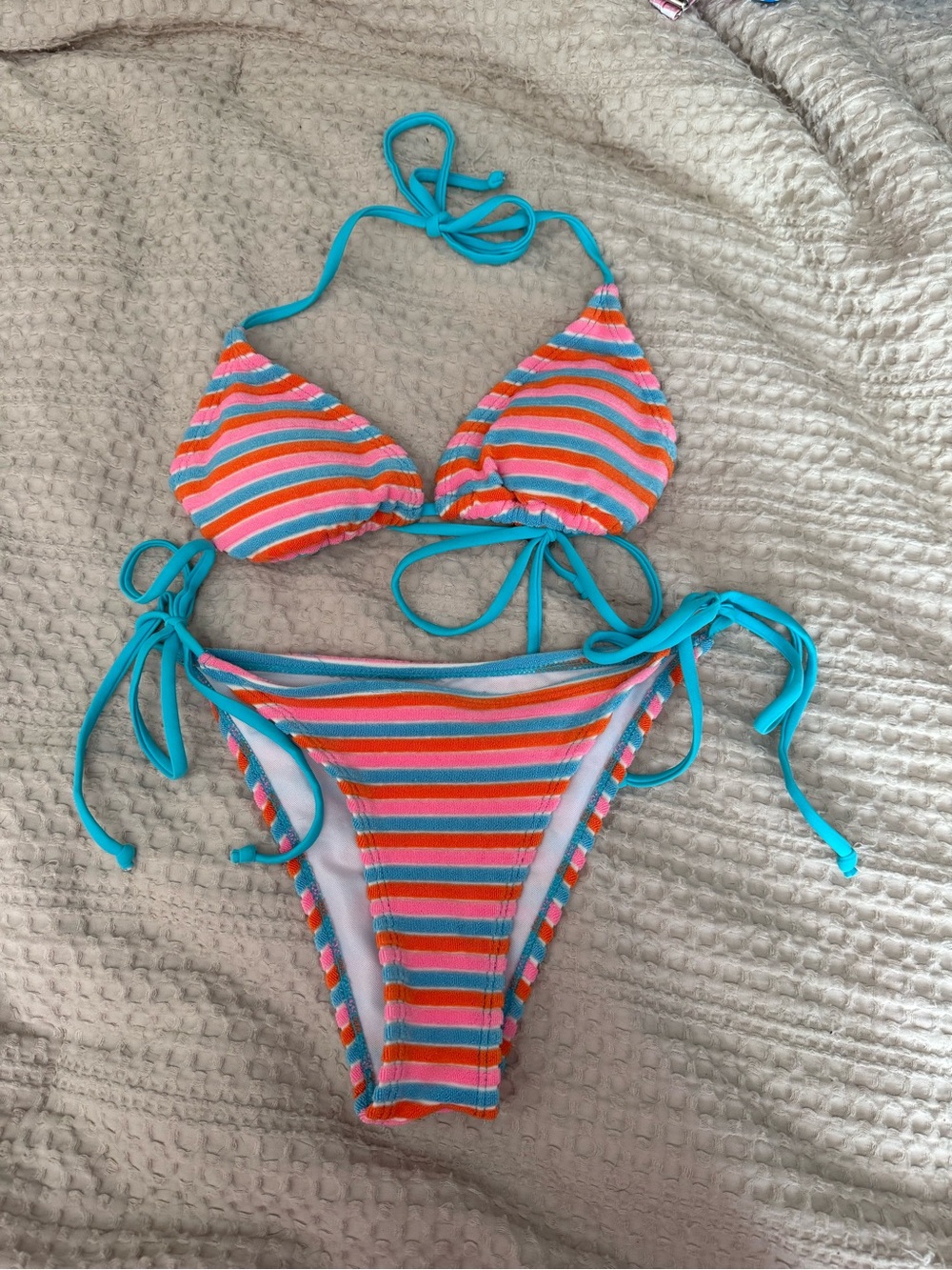 SHEIN Multicolor Striped Tie-Side Bikini - Turquoise, Pink & Orange